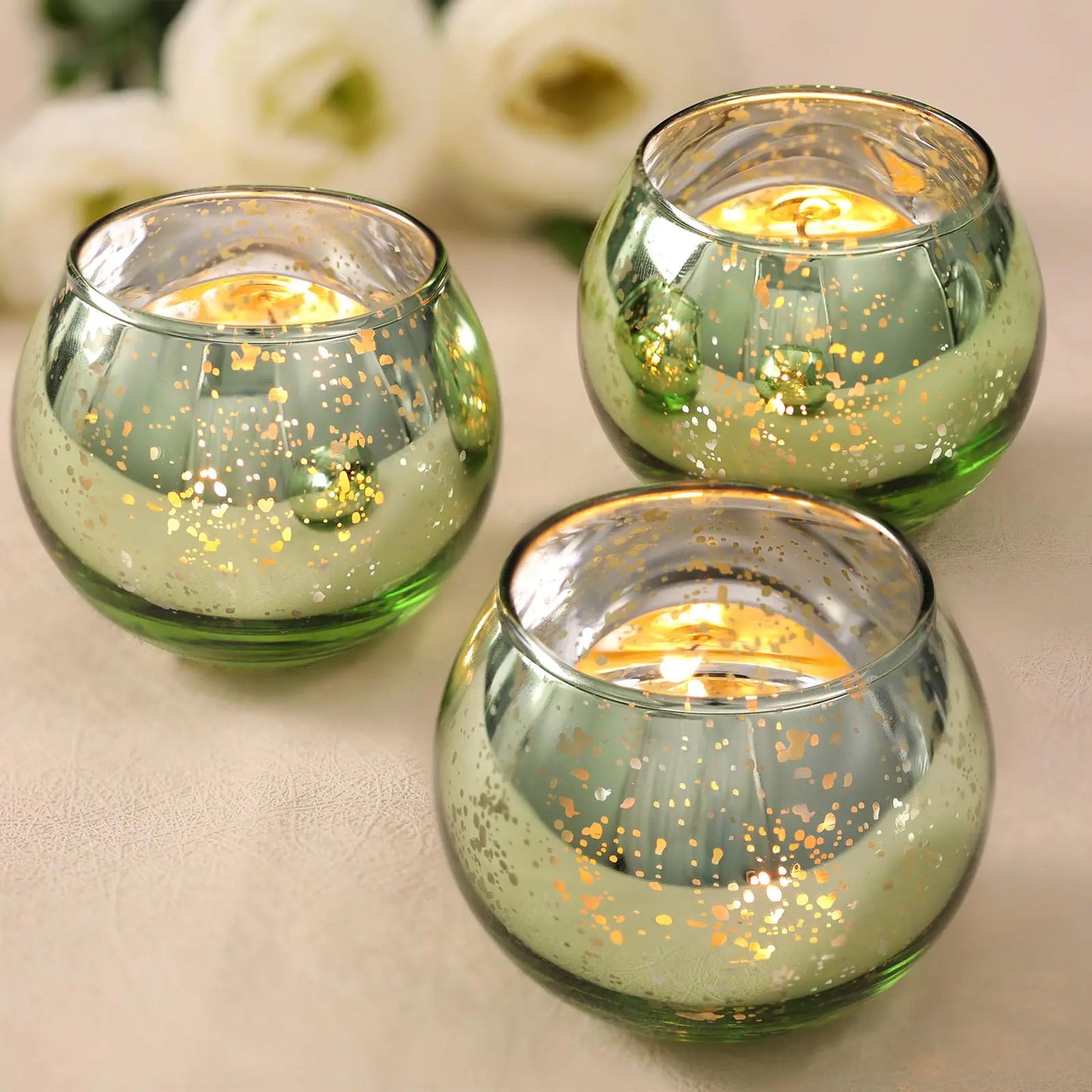Volens 24PCS Green Votive Candle Holders Bulk Round Mercury Glass Candle Holders for Tealight - Green Centerpiece Table Decorations for Wedding Birthday Party Bridal Shower and Home Decor