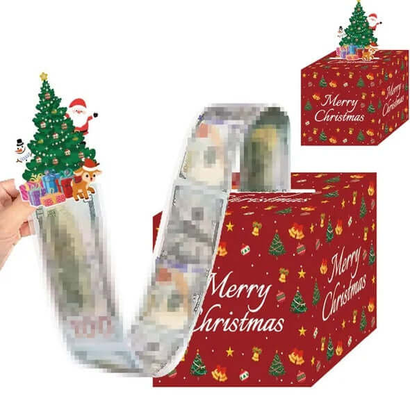 Red Christmas-themed gift bag with festive design and a hand holding a clear bag.