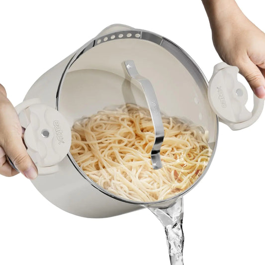 EATEX Pasta Pot with Strainer Lid - 5 Quart Multipurpose Stock Pot Simmer Spaghetti Pot with Pasta Strainer Lid - Twist & Lock Handles Nonstick Ceramic Stainless Steel Pot Tempered Glass Lid Cream
