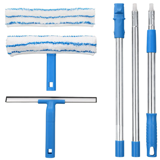 Mitclear Window Cleaner with Long Handle(57IN) Glass Cleaning Tools with Silicon Squeegee & Microfiber Scrubber Window Cleaning Kit for Shower Glass Mirror Door Car